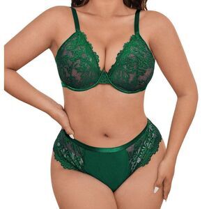Women's 4XL Plus Size Bra and Panty Sets Lace 2 Piece Lingerie Set Green Sexy